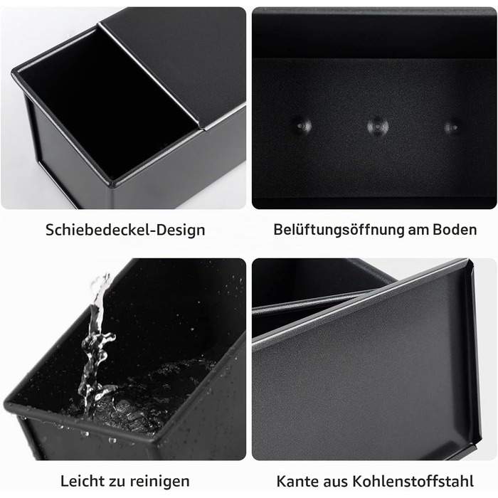 Форма для выпечки хлеба прямоугольная 21 x 11 x 10 см с крышкой, черная BORDEAG