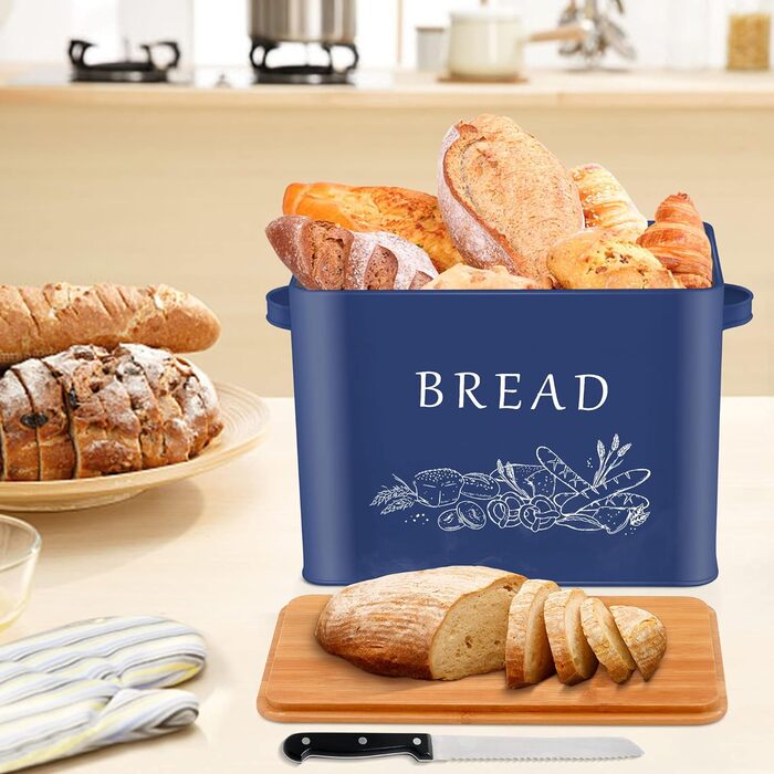 Хлібниця Herogo, металева хлібниця з дерев'яною кришкою для різання хлібної дошки, дуже велика хлібниця для великого буханця хліба, компактне зберігання хліба для кухонної стільниці, 33 x 18 x 24,5 см (синій)