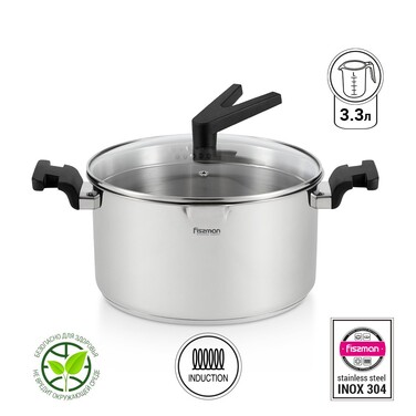 Кастрюля Fissman ELIZ 20x11 см/3,3л. со стеклянной крышкой нерж. сталь (5318)