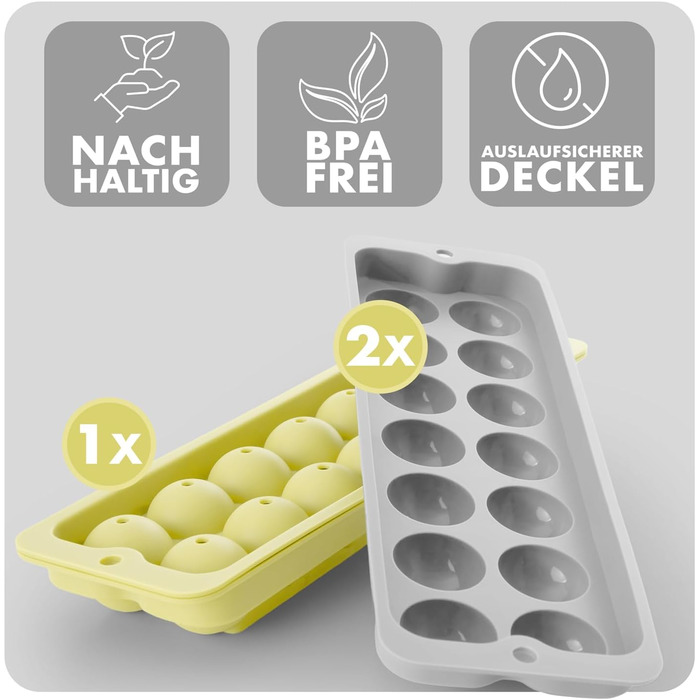 Силіконові формочки для льоду Blumtal, набір з 3 шт. - форма для льоду на 24 склянки з кришкою - силіконова форма для льоду без бісфенолу А - форма для льоду, безпечна для харчових продуктів - сіро-блакитна кубики L (сірий жовтий, сфера XL)