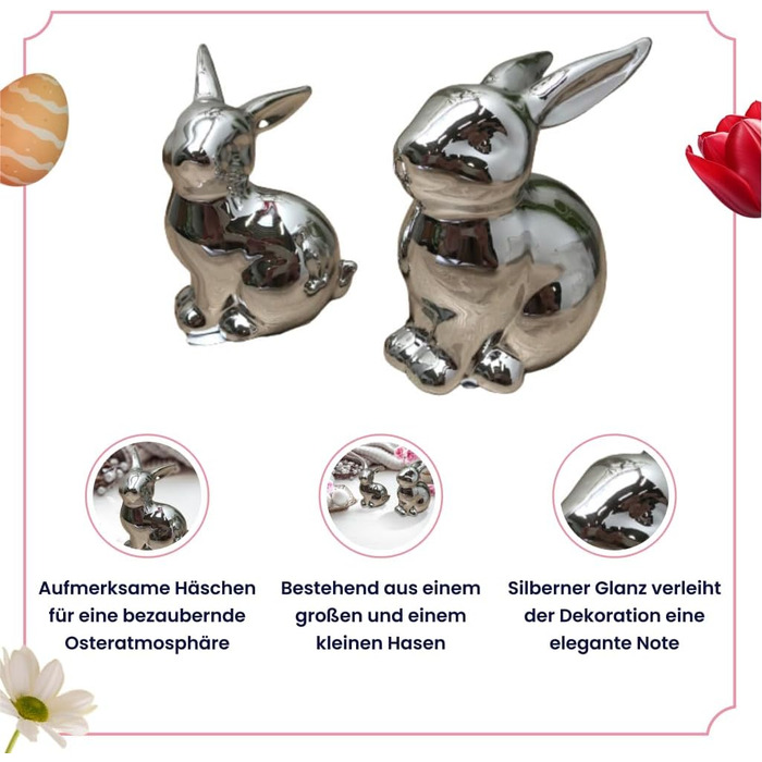 Набір декоративних елементів Heitmann керамічна пасхальна прикраса з порцеляновим ефектом, для встановлення, біла, приблизно 12,5 x 10,5 x 8 см (колір сріблястий кролик)