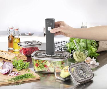 Ручной вакуумный упаковщик с 3 стеклянными вакуумными контейнерами, 10 пакетами ZIP и наклейками Food Manager, беспроводной, до 150 минут работы, перезаряжаемый (ручной вакуумный упаковщик, одинарный)