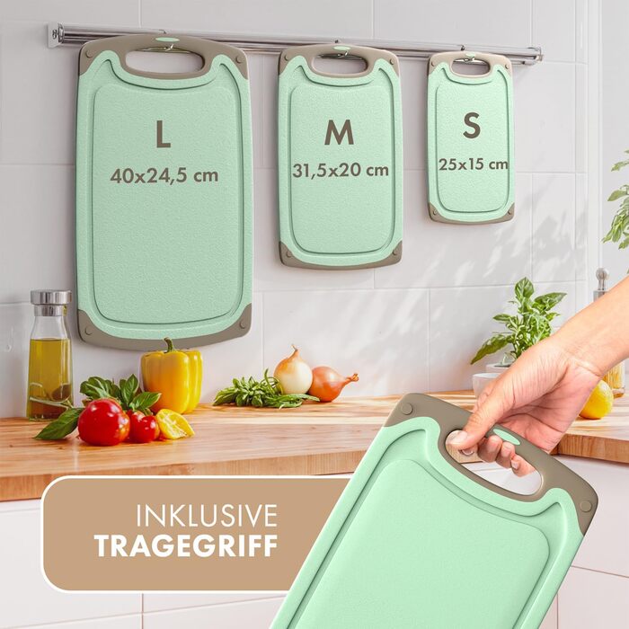 Набір обробних дощок Blumtal 3 розміри (S/M/L) - Велика пластикова обробна дошка з пазами для соку та ручкою - Міцна кухонна обробна дошка без BPA (зелена, комплект з 3 предметів)