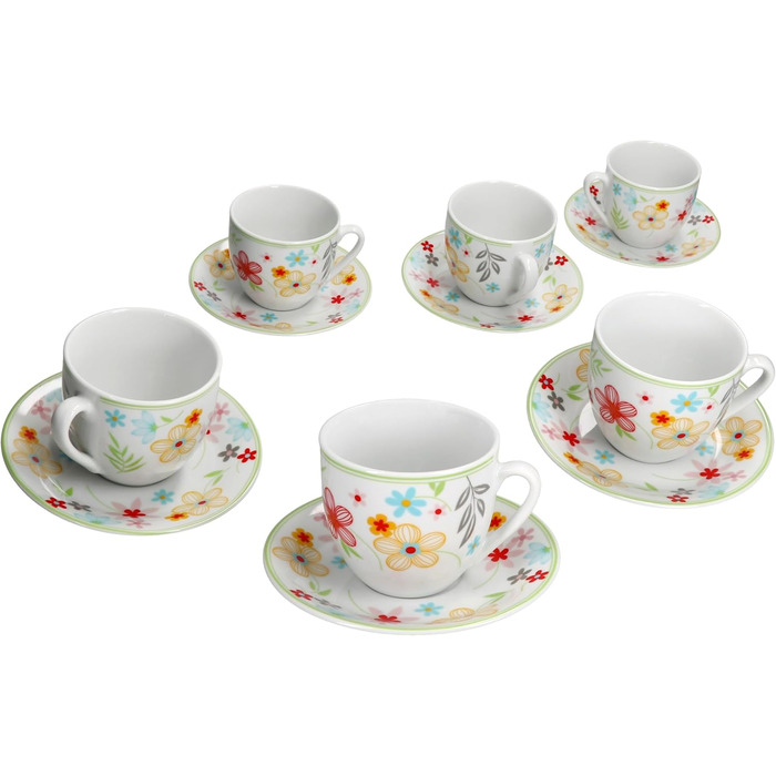 Набір із 6 тарілок для торта MamboCat Variant Floral Барвисті порцелянові тарілки для сніданку на 6 осіб Барвисті маленькі тарілки для салату, десерту та інших страв на сніданок, обід, каву та вечерю (кавова чашка з блюдцем)