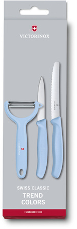 Кухонный гарнитур Victorinox SwissClassic Paring Set 3шт из синего цвета. ручка (2 ножа, овощечистка для помидоров и киви) в подарочной упаковке.