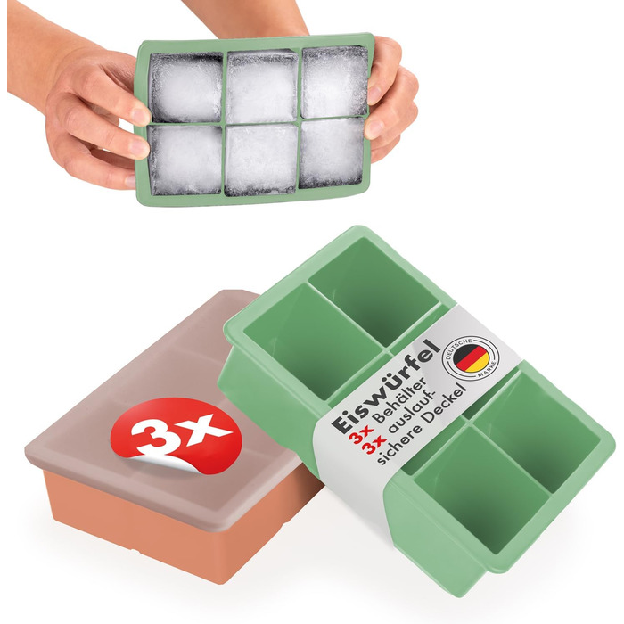 Силиконовые формочки для льда на 6 кубика XXL с крышкой, набор 3 предмета, зеленый/красный Blumtal