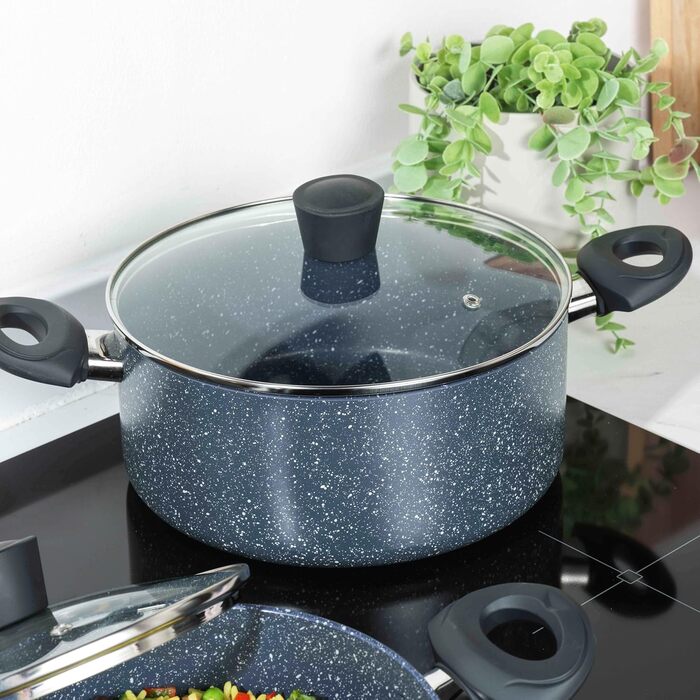 Каструля Russell Hobbs RH00845EU з антипригарним покриттям - 18 см/2 л з кришкою із загартованого скла, індукційна каструля, каструля для овочів/супу з бакелітовою ручкою та термостійким зовнішнім покриттям, камінь Nightfall (1 літр)