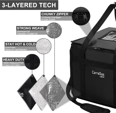 Ізольована харчова сумка, 38 x 38 x 32 см, ідеально підходить для гарячих та холодних страв, піци, ресторанів, доставки додому, індійської/китайської їжі, пікніків, термосумка, чорна