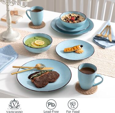 Столовый сервиз из керамогранита, набор посуды vancasso MODA, винтажный вид, комбинированный сервиз из 40 предметов с 8 тарелками, тарелками для тортов, тарелками для супа, мисками и чашками каждая (синий, обеденный сервиз 32 шт.)