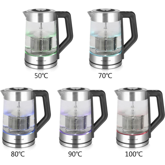 Скляний чайник Emerio WK-122248 ПЕРЕМОЖЕЦЬ ТЕСТІВ з повністю автоматичним чайним ситечком 1.3 класу, боросилікатне скло, без BPA, об&39єм 1.7 л, вибір температури, 2200 Вт, чорний/срібний (ручний)