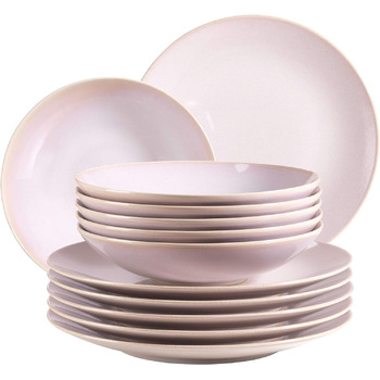 Набор тарелок Ossia на 6 персон в средиземноморском винтажном стиле, современный столовый сервиз из 12 предметов с суповыми тарелками и обеденными тарелками, керамогранит (розовый), 931946 Series