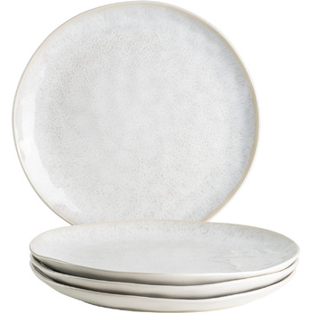 Заморожені, сучасні обідні тарілки з 4 шт. з крапчастою глазур'ю та органічними формами, 4 великі керамічні плоскі обідні тарілки в захоплюючому вінтажному вигляді, керамограніт (білий)