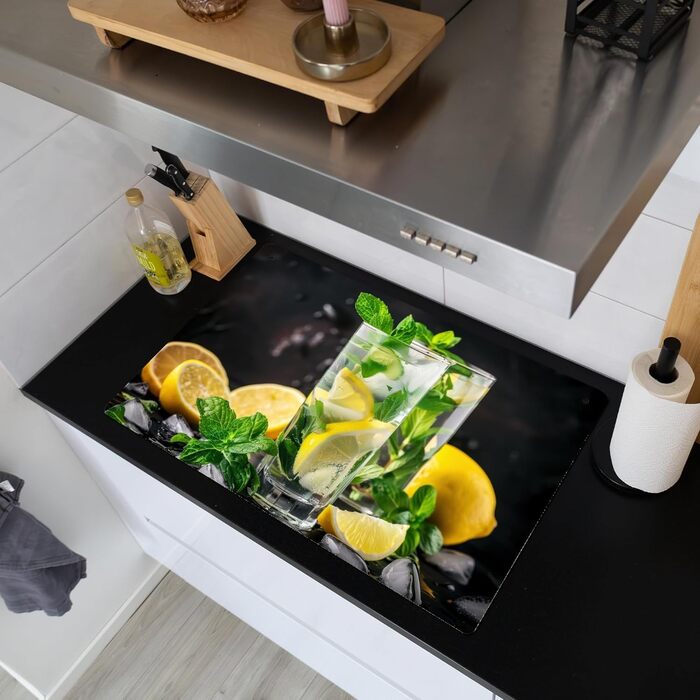 Фартух для плити, кухонний фартух, вініл, 78x52 см, декор для кухні, облицювання стіни, кришка для плити - сіро-чорна (вода-скло, 52Д x 80Ш см)