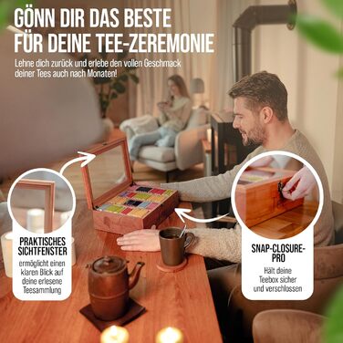 Чайна скринька преміум-класу NATURSCHMIED з вишневого дерева з 20 гнучкими відділеннями та оглядовим віконцем, (22,5x310 см) - посилені петлі міцна застібка - Елегантне сховище для чаю для справжніх любителів чаю, благородне вишневе дерево