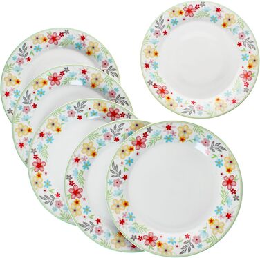 Набір із 6 тарілок для торта MamboCat Variant Floral Барвисті порцелянові тарілки для сніданку на 6 осіб Барвисті маленькі тарілки для салату, десерту та інших страв на сніданок, обід, каву та вечерю (плоскі тарілки для вечері)