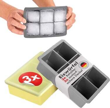 Силиконовые формочки для льда на 6 кубика XXL с крышкой, набор 3 предмета, серый/желтый Blumtal