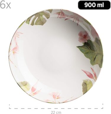 Набір тарілок на 6 персон у частково декорованому вінтажному вигляді, обідній сервіз із 12 предметів, що складається з 6 обідніх тарілок рожевого кольору та 6 супових тарілок з квітковим декором, екзотичний, керамограніт, 931926 Ossia Aguarela