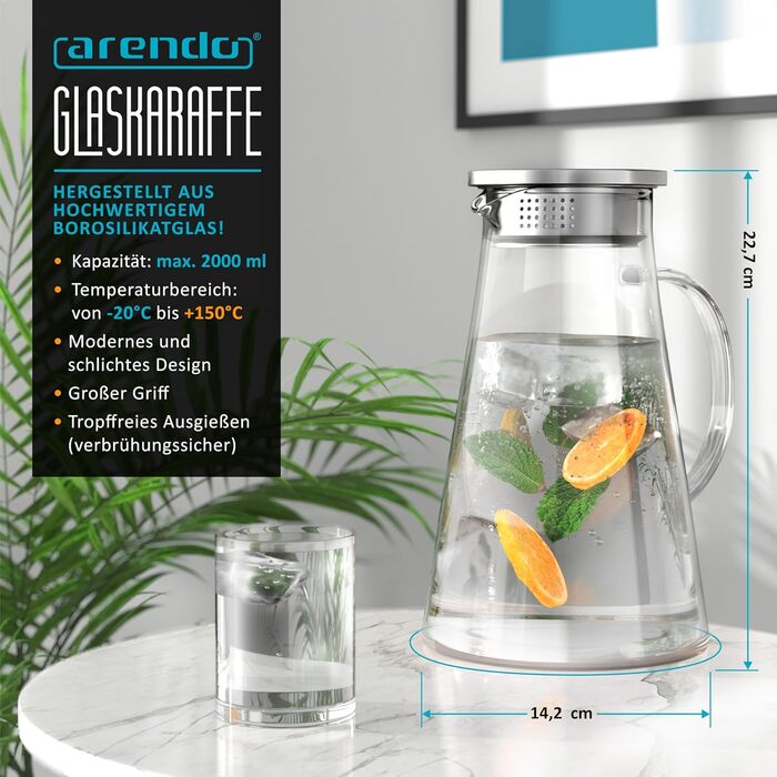 Скляний глечик з кришкою та ситечком 2 л Arendo