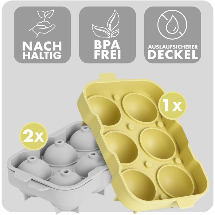 Силіконові формочки для льоду Blumtal, набір з 3 шт. - форма для льоду на 24 кубики з кришкою - силіконова форма для льоду без бісфенолу А - форма для льоду, безпечна для харчових продуктів - сіро-блакитна великі кубики (сірий жовтий, сфера XXL)