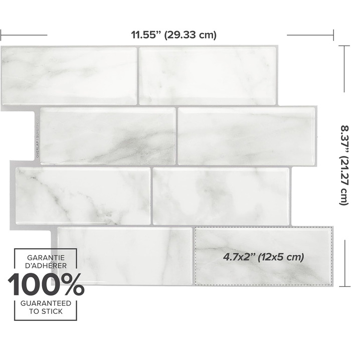 Наклейки для плитки, що самоклеяться - Набір з 5 аркушів 29,36 см x 21,29 см - 3D самоклеючі ПВХ наклейки для плитки та фартуха для кухні, ванної кімнати та стін, кольорова та водонепроникна плитка (білий мармур Carrera)