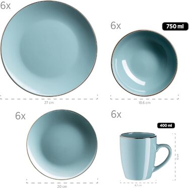 Сучасний набір посуду для 6 осіб з обідком латунного кольору, комбінований набір з безобідковими формами купе, керамограніт, (24 предмети, світло-блакитний)