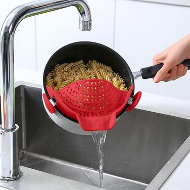 Силіконовий друшляк Fulenyi із застібкою, насадка для пасти для каструль, сковорідок та мисок, кухонне ситечко, яке можна мити в посудомийній машині, друшляк для зливання води ідеальний засіб для зливання пасти та овочів (червоний)