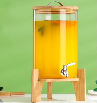 Стеклянный диспенсер для напитков 7 л с бамбуковой крышкой и подставкой Hisredsun