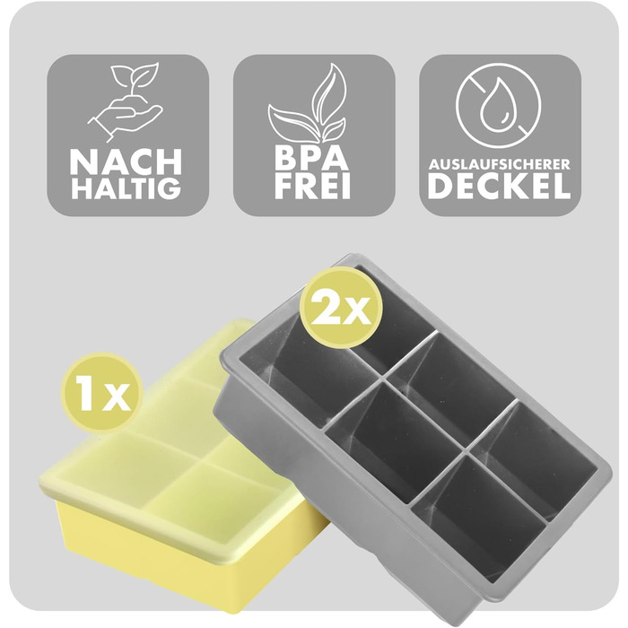 Силіконові формочки для льоду Blumtal, набір з 3 шт. - форма для льоду на 24 кубики з кришкою - силіконова форма для льоду без бісфенолу А - форма для льоду, безпечна для харчових продуктів - сіро-блакитний великі кубики (сірий жовтий, XXL кубики)