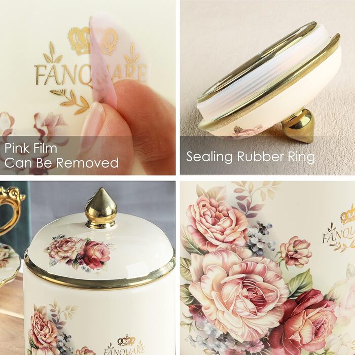 Порцелянова банка для печива Fanquare, Ø 19 см, банка для зберігання з вінтажним квітковим візерунком та кришкою, банка для печива та солодощів, золота