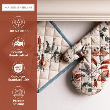 Рукавички для духовки, прихватки для каструль Maison d&39 Hermine, 100 бавовна, термостійкі кухонні рукавички, рукавички для духовки (19 x 33 см) та прихватки для каструль (20 x 20 см) для приготування їжі, Morzine - Рукавички для духовки (19 x 33 см) та