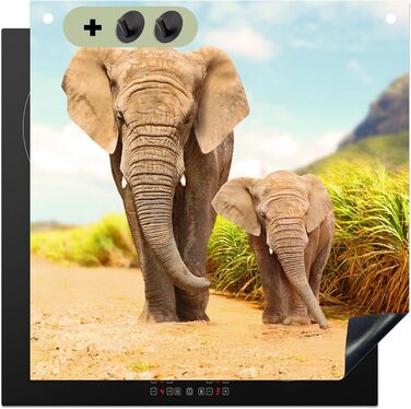 Фартух для плити, кухонний фартух, вініл, 78x52 см, декор для кухні, облицювання стіни, кришка для плити - сіро-чорна (слони - тварини, 78Д x 78Ш см)