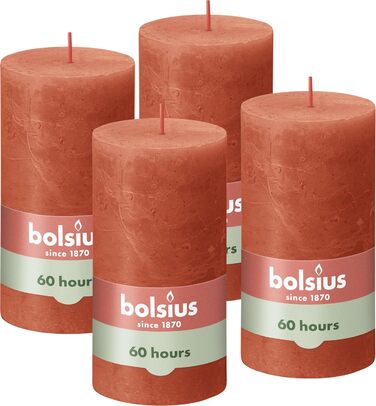 Свічки Bolsius Rustic Pillar - Оливково-зелені - Набір з 4 шт. - Декоративні побутові свічки - Час горіння 60 годин - Без запаху - Натуральний рослинний віск - Без пальмової олії - Оливково-зелені (13 x 7 см, помаранчеві)