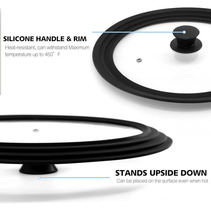 Силіконова універсальна кришка Anaeat для каструль, сковорідок та пателень загартоване скло з термостійким силіконовим обідком, підходить для посуду діаметром змінна кришка (2 чорні ручки)