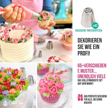 Набір російських кондитерських насадок CukkiCakes з 92 предметів, професійна нержавіюча сталь для декорування тортів 65 великих квіткових насадок, 20 одноразових кондитерських мішків, силіконові пакети, 4 адаптери та подарункова коробка плюс інструкція.