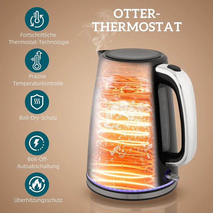 Комплект чайника та тостера HOMCOM, нержавіюча сталь, чайник 1,7 л, тостер на 2 скибочки, набір для сніданку 2200 Вт з термостатом Otter, 7 рівнів підрум&39янення, розморожування, розігрівання, піддон для крихт, фільтр для накипу, чорний