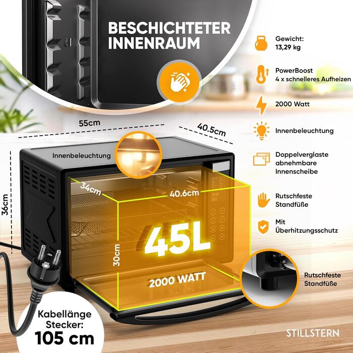 Міні-піч Stillstern з конвекцією 45 л (версія для Німеччини) Піца Ø32, антипригарне покриття CYCLONE PRO, 13 програм, розморожування та підтримка тепла, таймер 8 годин, кемпінгова міні-піч з конвекцією піч для піци міні-піч невеликий гриль для курки