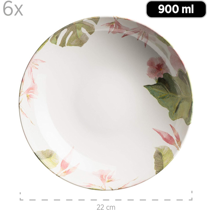 Набір тарілок на 6 персон у частково декорованому вінтажному вигляді, обідній сервіз із 12 предметів, що складається з 6 обідніх тарілок рожевого кольору та 6 супових тарілок з квітковим декором, екзотичний, керамограніт, 931926 Ossia Aguarela