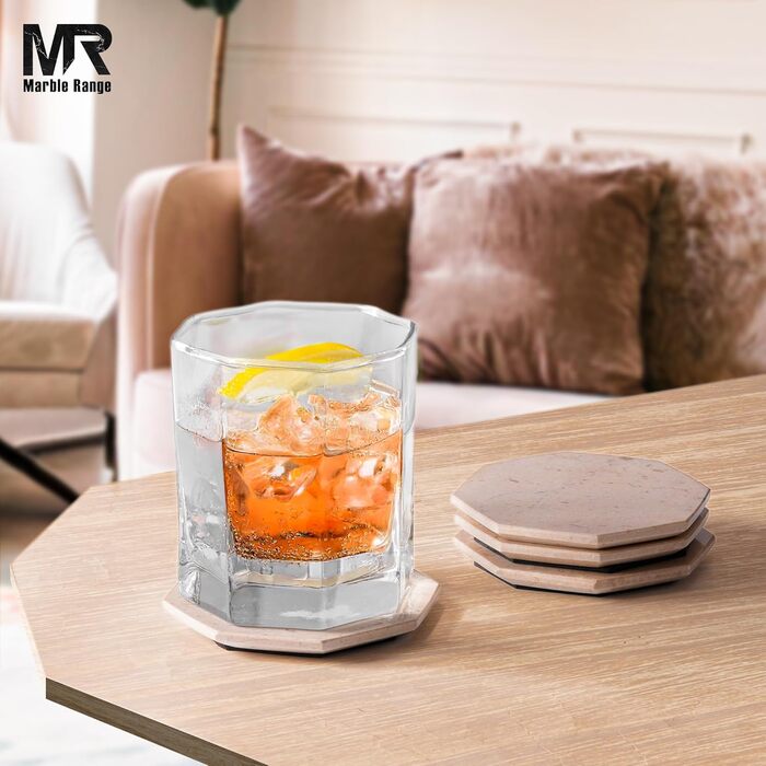 Підставки під чашки з оніксу Верона, 8.9 см, ручної роботи, з підставкою, набір 6 шт. - для офісу, напоїв, кави, бару та обіднього столу