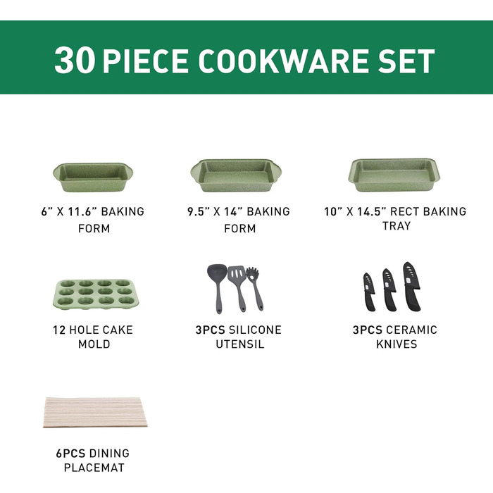 Набір кухонного посуду, 30 предметів, зелений Kitchen Academy