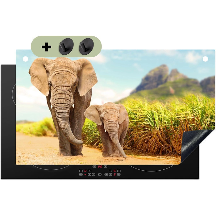 Фартух для плити, кухонний фартух, вініл, 78x52 см, декор для кухні, облицювання стіни, кришка для плити - сіро-чорна (слони - тварини, 52Д x 90Ш см)