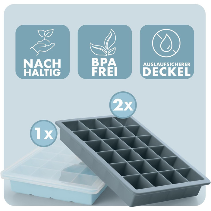 Силіконові формочки для льоду Blumtal, набір з 3 шт. - форма для льоду на 24 кубики з кришкою - силіконова форма для льоду без бісфенолу А - безпечна для харчових продуктів - форма для льоду - сіро-блакитний сіро-блакитний світло-блакитний сіро-блакитний 