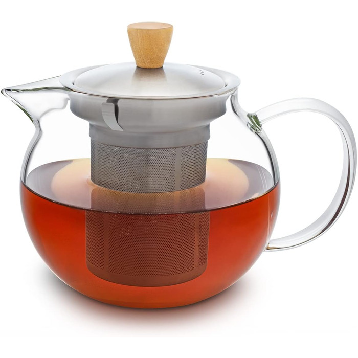 Л) - Чайник з ситечком для чаю з нержавіючої сталі - Скляний глечик для чайника з кришкою та елегантною дерев'яною ручкою (без підігрівача, 0,65 л), 1,8