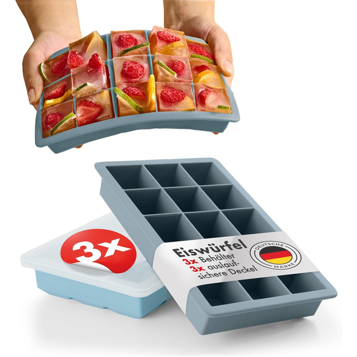 Силиконовые формочки для льда на 15 кубика XL с крышкой, набор 3 предмета, серо-голубой и светло-голубой Blumtal