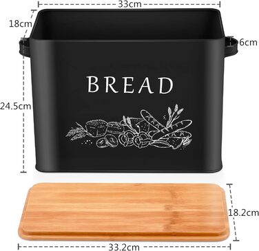 Хлібниця Herogo, металева хлібниця з дерев'яною кришкою для різання хлібної дошки, дуже велика хлібниця для великого буханця хліба, компактне зберігання хліба для кухонної стільниці, 33 x 18 x 24,5 см (чорний)