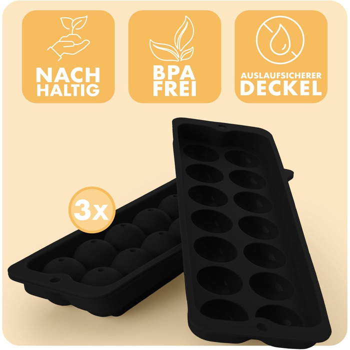 Силіконові формочки для льоду Blumtal, набір з 3 шт. - форма для льоду на 24 склянки з кришкою - силіконова форма для льоду без бісфенолу А - форма для льоду, безпечна для харчових продуктів - сіро-блакитна великі кубики (чорна, XL сфера)