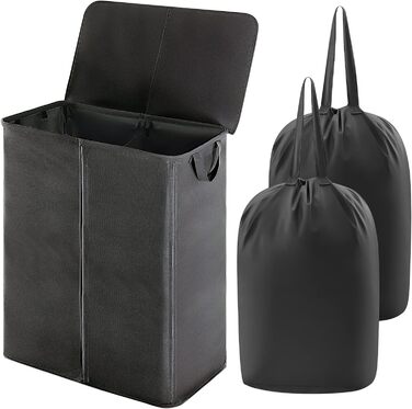 Корзина для белья Lifewit с крышкой 2 отделения, сборник для белья с 2 семными мешками для белья, складные корзины для белья Корзины для белья Ящик для белья Тканевые корзины для белья для спальни в ванной комнате, (160 л, черный)