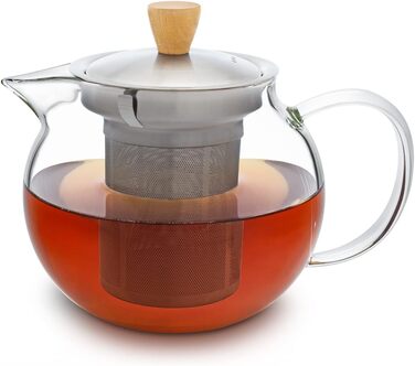 Чайник стеклянный (1,8 л) - Чайник с ситечком из нержавеющей стали - Чайник для чайника Стеклянный кувшин с крышкой и элегантной деревянной ручкой (без подогревателя, 0,65 л)