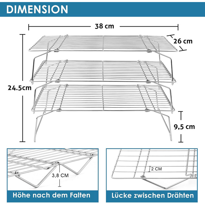 Охолоджувальна решітка Herogo, 3-рівневий набір охолоджувальних стійок з нержавіючої сталі, прямокутна решітка для охолодження випічки, ідеально підходить для печива, тортів, хліба, 38x26 см, складається та штабелюється, можна мити в посудомийній машині