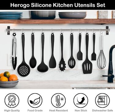 Набір силіконових кухонних гаджетів Herogo, кухонне приладдя з тримачем на 30 предметів, термостійкий набір кухонних інструментів для сковорідок з антипригарним покриттям, лопатки, щипці 10 гачків, можна мити в посудомийній машині - чорний
