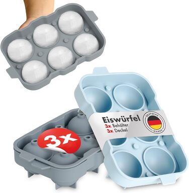 Силиконовые формочки для льда на 6 шариков XXL с крышкой, набор 3 предмета, cеро-голубой и светло-голубой Blumtal